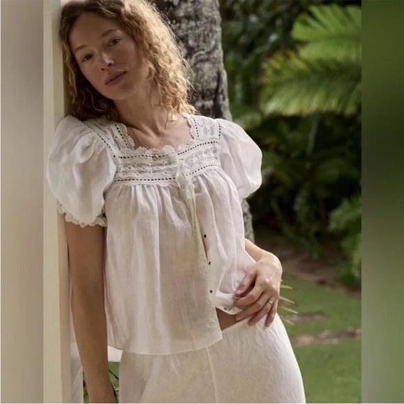 DOEN White Lightweight Square Neck Button Down Lace Puff Sleeve Anneth Blouse M - Picture 15 of 17